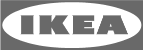 IKEA logo in grayscale with bold uppercase typography inside an oval shape.