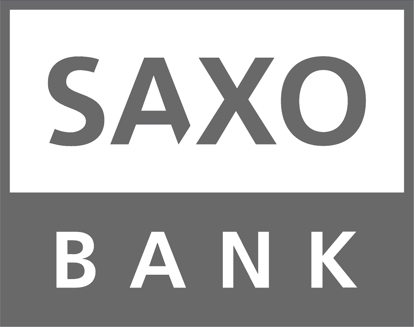 Saxo Bank logo featuring the words 'SAXO BANK' in bold, uppercase letters, enclosed within two vertical lines, representing a financial institution.